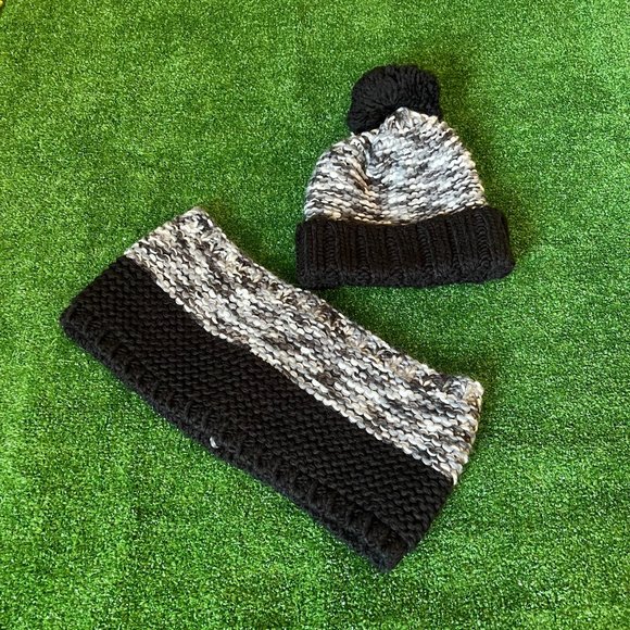 Knitted Beanie Winter Hat w/Pom-Pom & Infinite Scarf Heather Black Grey Kids Set - Picture 1 of 5